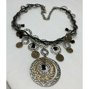 CHICO'S Necklace Pendant Concentric Circle Disc Gold Tone Silver Tone